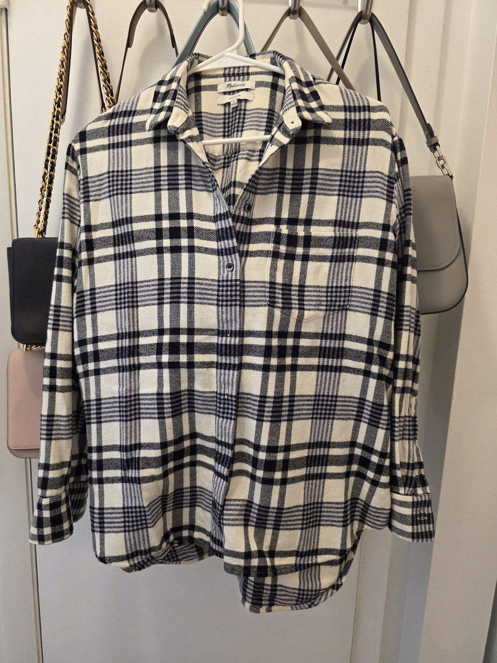 Madewell Oversized Plaid Flannel Shirt Small Black Cream Shacket Fall Cozy 100%